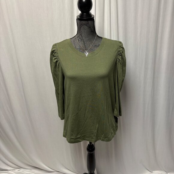 Calvin Klein Top Womens Size Large Olive Green Long Sleeve Ruched Shoulder - Picture 1 of 10